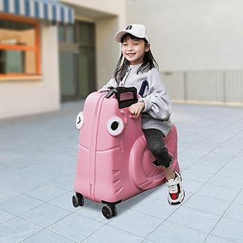 20" Kids Ride-On Luggage – Trolley Suitcase with Universal Wheels and Password Lock, Carry-On Rolling Bag for Ages 1-6, ABS+PC (Pink Snail Design)