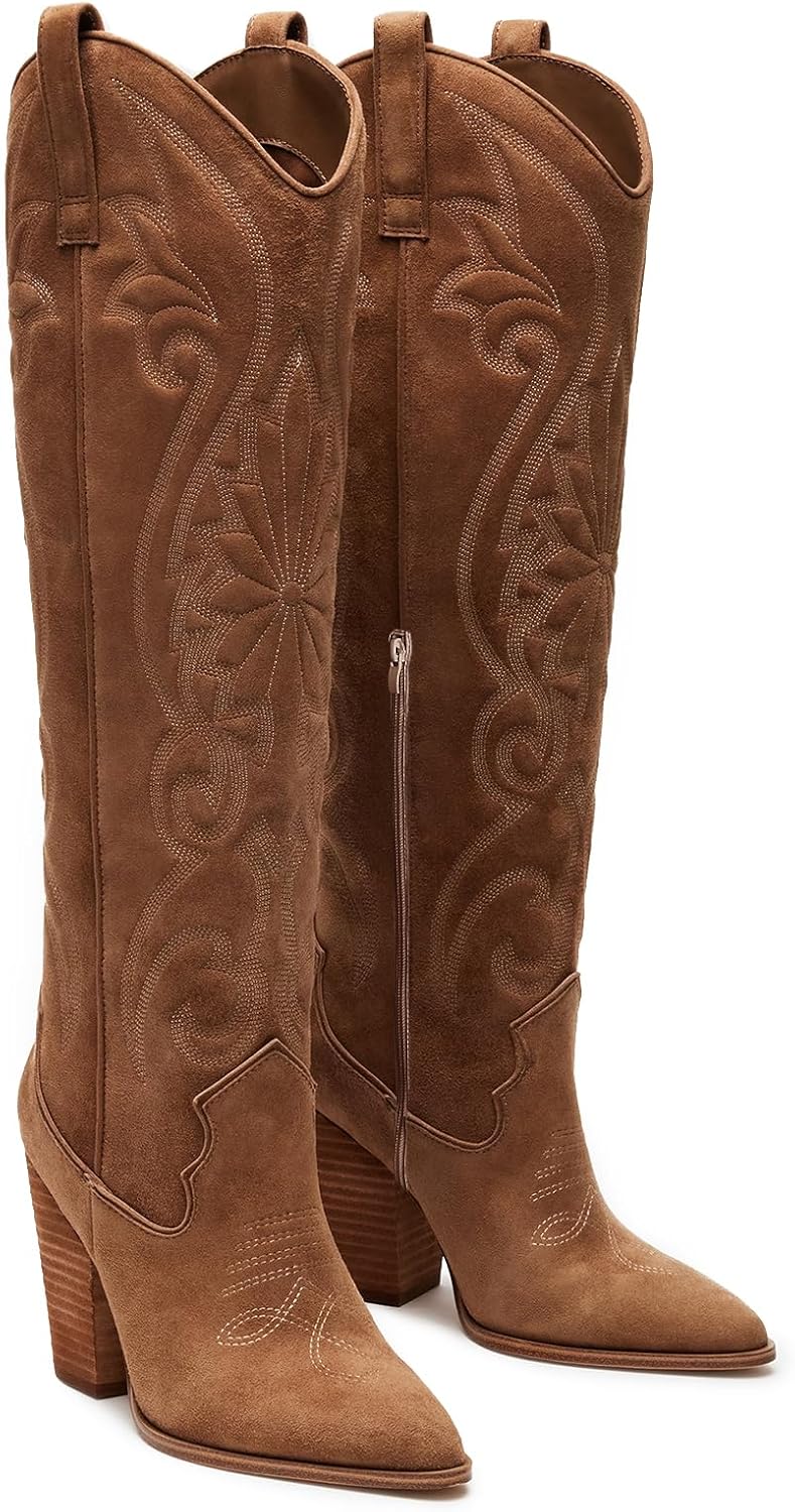 VOMIRA Knee High Cowboy Boots for Women Pointed Toe Chunky High Heels Pull-on Embroidered Boots Western Boots Wide Calf Cowgirl Boots