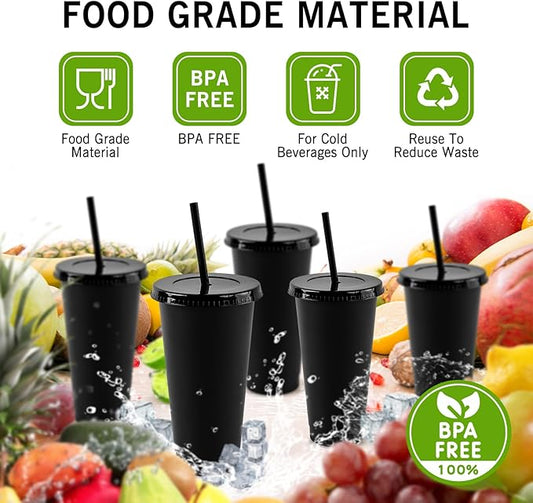 letech Plastic Black Cups with Lids and Straws, 5 Pack 24oz Reusable Cups With Lids and Straws Bulk for Adults Kid Women Party, Portable Spill Proof Cups for Iced Coffee