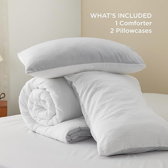 Bedsure King Size Comforter Set, Reversible White Soft Prewashed Bedding for All Seasons, 3 Pieces Warm Down Alternative Bed Set, 1 Lightweight Comforter (104"x90") and 2 Pillowcases (20"x36")