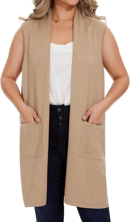 Moss Rose Women's Long Knit Cardigan Vest Casual Sleeveless Open Front Draped Duster Vest (Available in Plus Size)