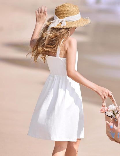 Arshiner Girl's Spaghetti Strap Button Down Midi Sleeveless Summer Casual Sundress A-line Dress with Pockets.