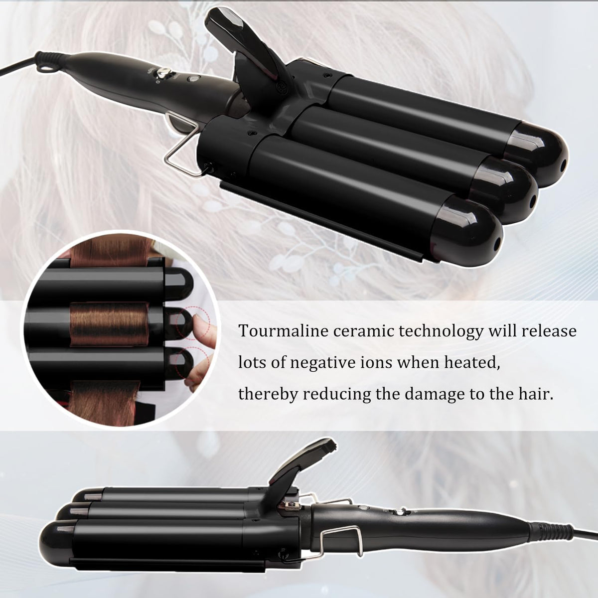 Dopheuor 2024 Newest 3 Barrel Curling Iron Jumbo 1.25 inch (32mm) Hair Curling Wand Crimper Instant Heating Adjustable Hair Curler with 2 Temperature Control, Black (Cosmetic Scratches) ( Product has scratches on it. )