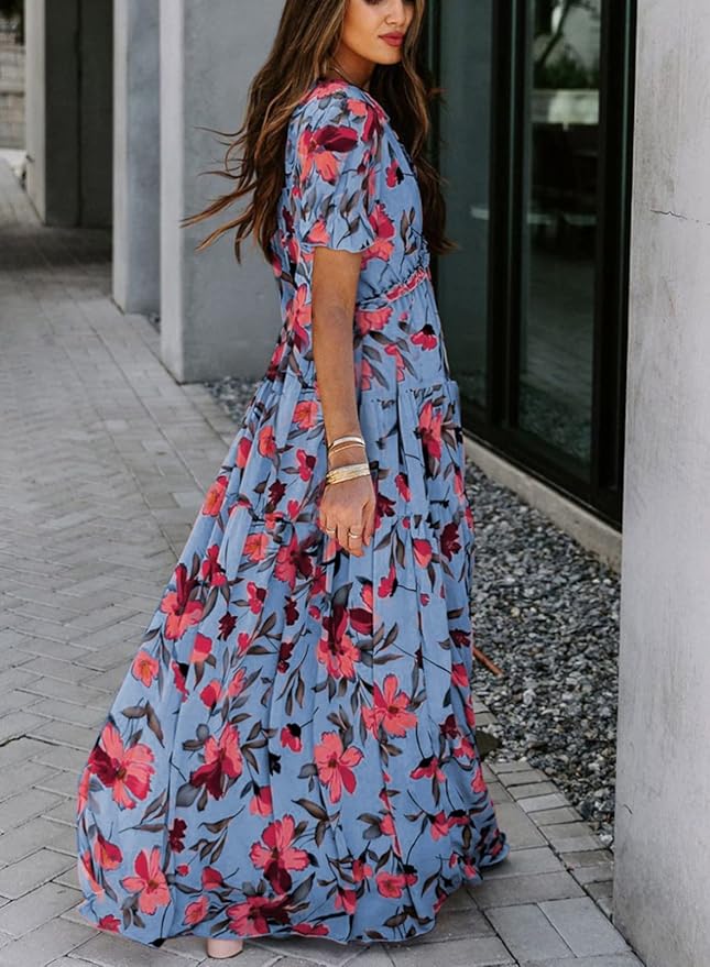 BLENCOT Womens Casual Boho Floral Printed V Neck Short Sleeve Long Evening Dress Ruched Cocktail Party Maxi Wedding Dress
