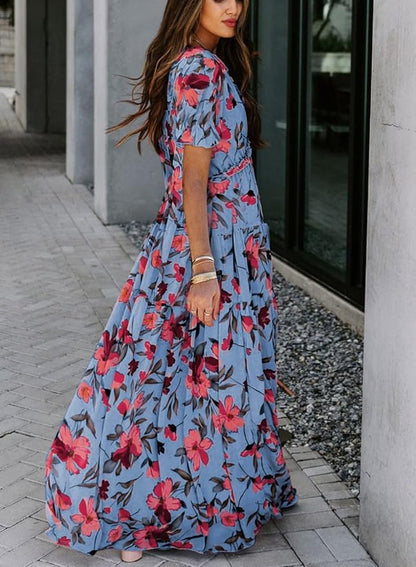 BLENCOT Womens Casual Boho Floral Printed V Neck Short Sleeve Long Evening Dress Ruched Cocktail Party Maxi Wedding Dress