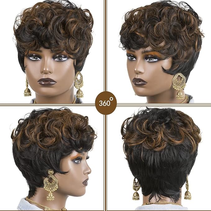 Short Pixie Cut Wigs for Black Women Short Curly Hair Layered Wavy Pixie Cut Wigs With Bangs Short Wigs for Black Women Black Mixed Brown Pixie Wigs for Women Short Brown Wig (Black Mixed Brown)