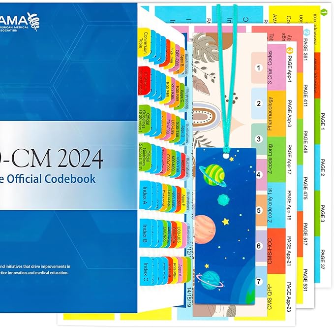 Index Tabs for AMA Version ICD-10-CM 2024 The Complete Official Codebook, 72 Printed Color-Coded and Laminated Tabs, with Page Markers and Alignment Guide & Bookmark (Book not Included)