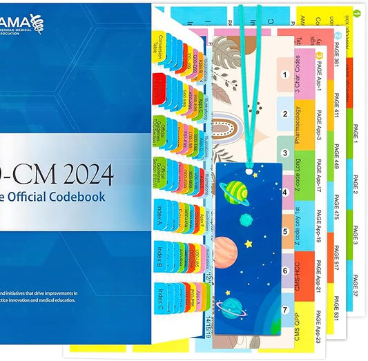 Index Tabs for AMA Version ICD-10-CM 2024 The Complete Official Codebook, 72 Printed Color-Coded and Laminated Tabs, with Page Markers and Alignment Guide & Bookmark (Book not Included)