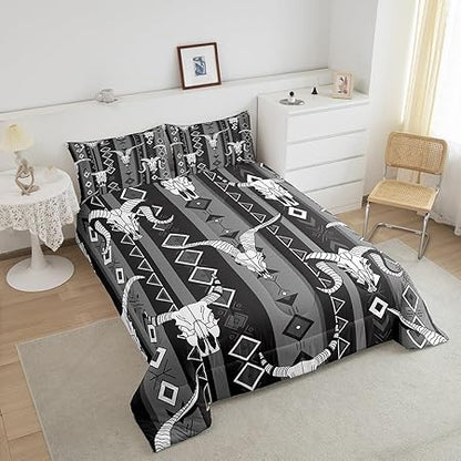 Western Boho Bedding Sets Queen Bull Skull Cowboy Quilt Set Black White Grey Southwestern Aztec Comforter Set for Teen Boys Men Ethnic Tribal Geometric Diamond Duvet Insert Southwest Room Decor 3 Pcs