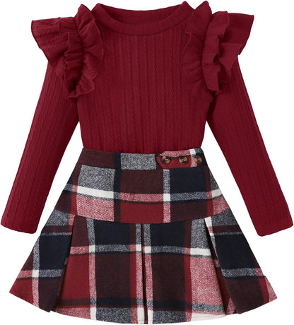 AMAWMW Girls Outfit Skirt Set Ribbed Knit Ruffle Sleeve Top Plaid Pleated Skirt Set Fall Winter Clothes