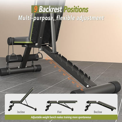 Fitgoods Adjustable Weight Bench for Home Gym, Foldable 700LBS Workout Bench with 9 Backrests, Multi-Purpose Bench Press for Incline Decline Flat with Fast Adjustment (2 resistance bands)