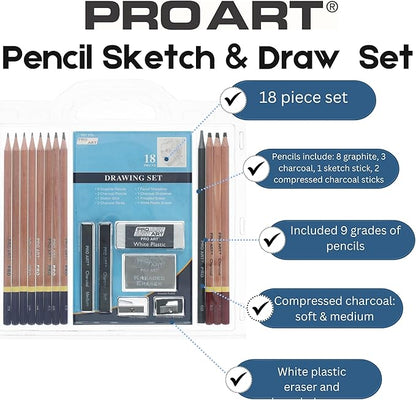 PRO ART - 3078 Pencil Set Sketch  Draw, 9.38" x 9.38" x 0.25", Graphite  Charcoal