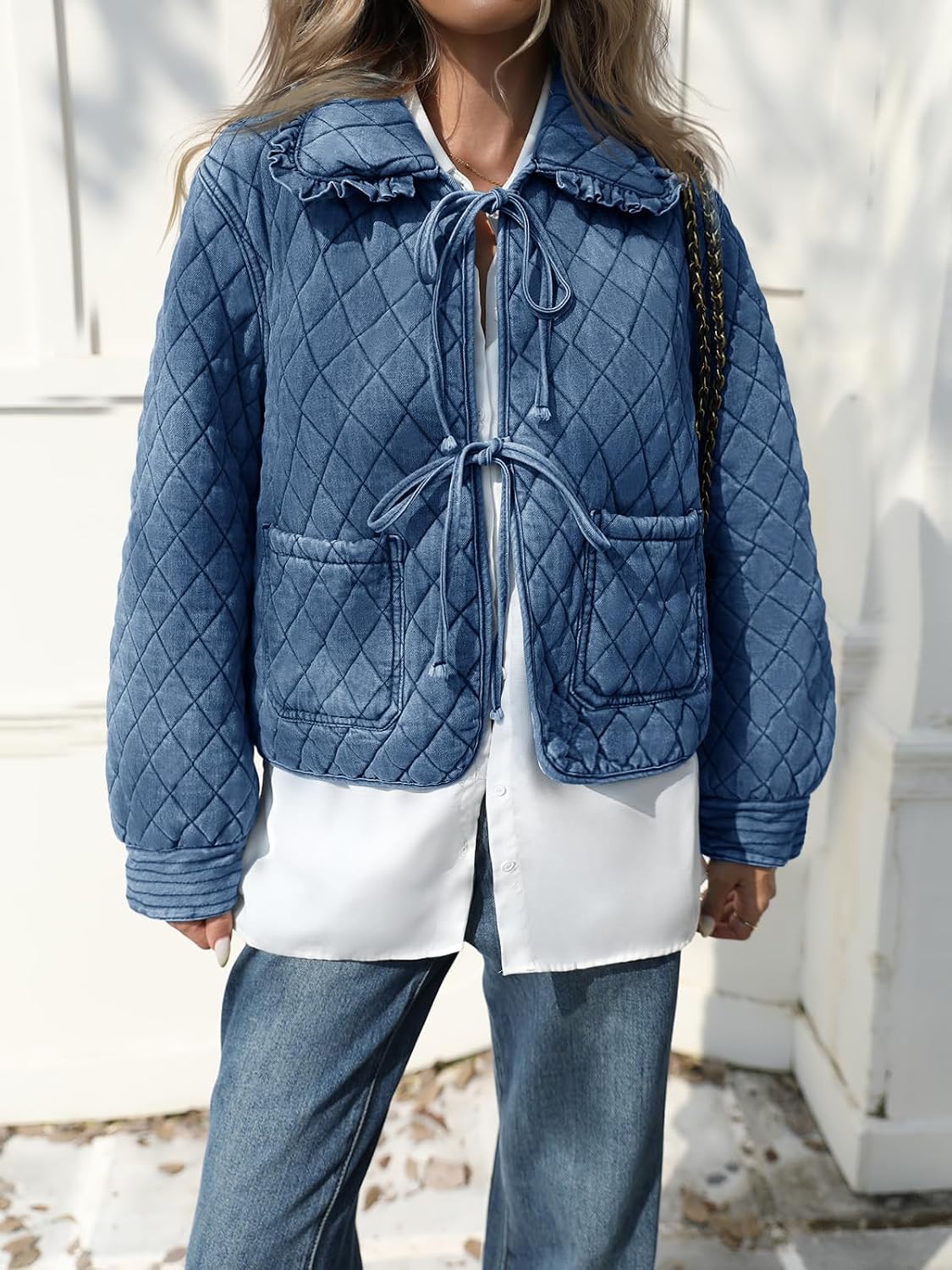 Medium Size, Tankaneo Womens Quilted Denim Puffer Jackets Tie Front Bow Cropped Puffy Jackets Fall Cute Short Jeans Coat.