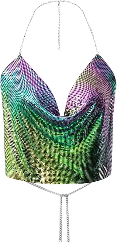Luooli Women Print Chain Sexy Clothes Beading Adjustable Sleeveless Backless Halter Crop Top Club Vintage Crop Top (AG, S)