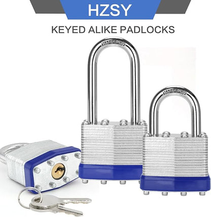 Padlocks Keyed Alike, Pack of 2, Laminated Steel Keyed Lock (1-9/16", 40mm), Padlocks with Same Key, Long Shackle, for Toolbox, Locker & StorageUnit or More