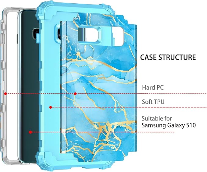 Casetego Compatible with Galaxy S10 Case,Shockproof 3 Layer Heavy Duty Hard PCSoft Silicone Bumper Rugged Anti-Slip Protective Cover Cases for Samsung Galaxy S10,Blue Marble
