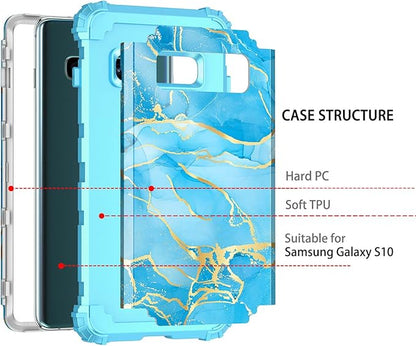 Casetego Compatible with Galaxy S10 Case,Shockproof 3 Layer Heavy Duty Hard PCSoft Silicone Bumper Rugged Anti-Slip Protective Cover Cases for Samsung Galaxy S10,Blue Marble