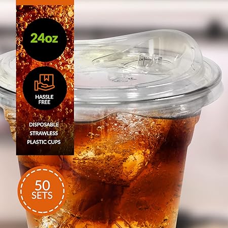 PAMI Clear 24oz Plastic Cups With Sip Lids Pack of 50 - BPA-Free Disposable Clear Cups With Strawless Lids For Cold Drinks- To-Go Cups With Lids For Iced Coffee  Tea, Smoothies, Boba, Cocktails