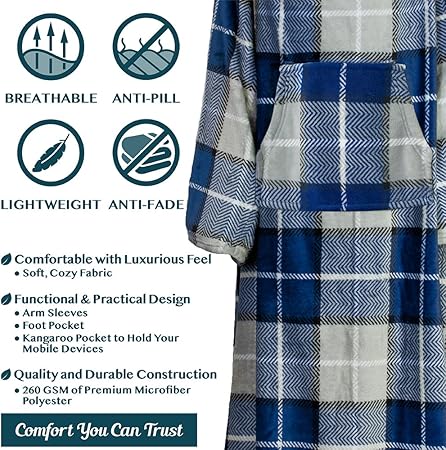 PAVILIA Fleece Blanket with Sleeves, Foot Pockets for Women Men Adults, Plush Wearable Blanket Throw Wrap, Warm Snuggle Blanket Robe, Cozy Gift Ideas Wife Mom, Plaid Navy Blue