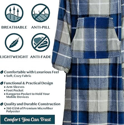 PAVILIA Fleece Blanket with Sleeves, Foot Pockets for Women Men Adults, Plush Wearable Blanket Throw Wrap, Warm Snuggle Blanket Robe, Cozy Gift Ideas Wife Mom, Plaid Navy Blue