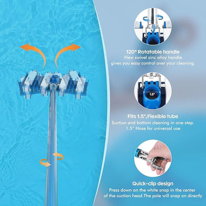 Pool Vacuum Head, Manual Cleaning Vacuum with Wheels 14'' Heavy Duty Handle Pool Vacuum Heads for Inground  Above Pools with Flexible Swivel, Swimming Pool Head for Absorb