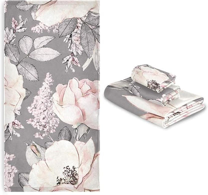 ALAZA Pink Rose Towels Bathroom Sets Flower Gray Towels Set of 3, 1 Bath Towel 1 Hand Towel 1 Washcloth Soft Highly Absorbent Decorative Towels for Kitchen Beach Gym Spa