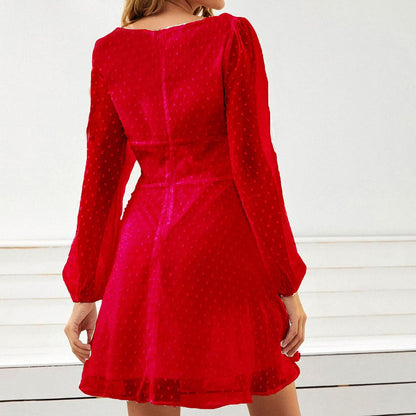 WDIRARA XS Women's Polka Dots Mesh Square Neck Solid Color Long Sleeve Chiffon Dress Fashion Casual Smocked A Line Mini Dress