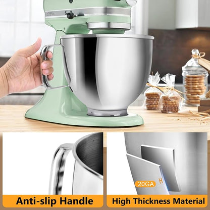 5 Quart Mixing Bowl for KitchenAid Stand Mixers, Food-Grade Stainless Steel Bowl with Handle & Clasp, Compatible with Tilt-Head 4.55 Qt Models Fits K45, K45SS, KSM75, KSM150, KSM95