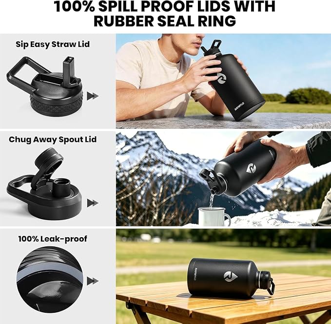 RAYMYLO One Gallon Water Bottle Insulated, Triple Walled Vacuum Stainless Steel (Cold for 48 Hrs), Leak Proof & Non-BPA, Large Water Flask Jug with Paracord Handle & Straw Spout Lids