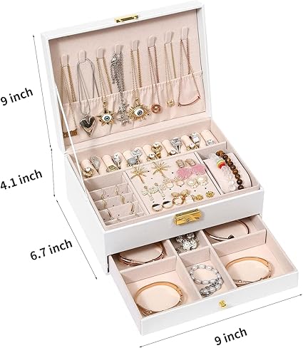 Jewelry Box for Women Girl Wife - Large PU Leather Jewelry Organizer Storage Case with Two Layers Display for Earrings Bracelets Rings Watches (White)