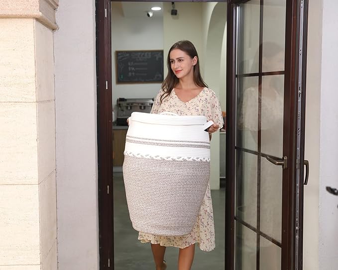 26"x20" Tall Extra Large Storage Basket with Lid, Cotton Rope Storage Baskets, Woven Hamper with Cover, Clothes Bin, WhiteDeep Camel White Mix