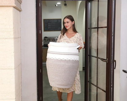 26"x20" Tall Extra Large Storage Basket with Lid, Cotton Rope Storage Baskets, Woven Hamper with Cover, Clothes Bin, WhiteDeep Camel White Mix