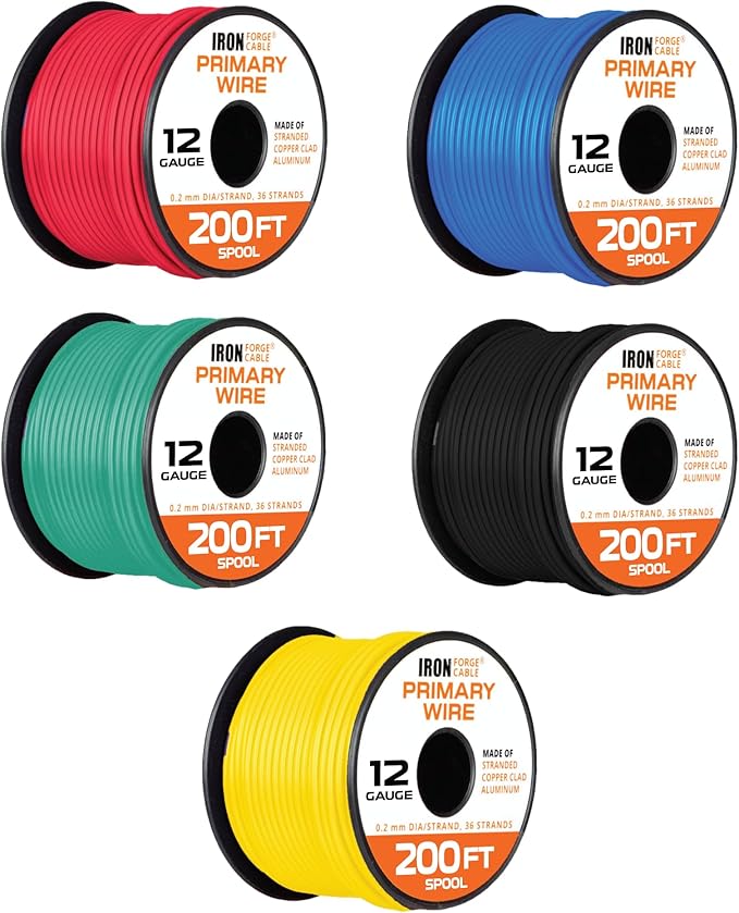 Iron Forge Cable 12 Gauge Primary Automotive Wire - 5 Roll Assortment Pack - 200 Ft of Copper Clad Aluminum Wire per Roll - for Home or Automotive