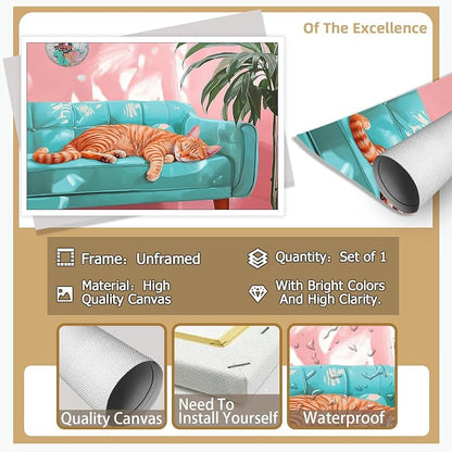 LRCYBMN Trendy Disco Ball Orange Cat Posters Funny Pet Orange Cat Sleeps On The Sofa Canvas Oil Painting Bar Cart Wall Decor Home Room Decor Aesthetics 16X24 in Unframed