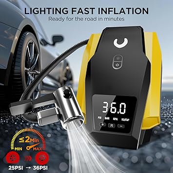 Tire Inflator Portable Air Compressor, Tire Air Pump for Car Tires, 12V DC 150PSI Auto Bike Pump with Digital Pressure GaugeLED Light, Yellow, Large