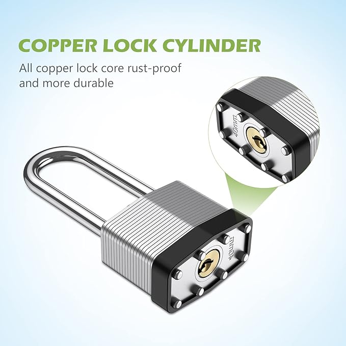 KeeKit Padlock with Key, 40mm Heavy Duty Lock with 53mm Long Shackle, Waterproof Gate Solid Brass Lock for Gym Locker, Garage, Fence, Shed, Yard, Outdoor, Indoor, 2 Pack