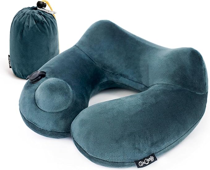 Inflatable Travel Pillow with Luxuriously Soft Washable Cover - Ergonomic Neck and Lumbar Support for Prevention of Cervical and Lower Back Pain (Daydreamer Grey)