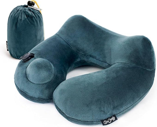 Inflatable Travel Pillow with Luxuriously Soft Washable Cover - Ergonomic Neck and Lumbar Support for Prevention of Cervical and Lower Back Pain (Daydreamer Grey)