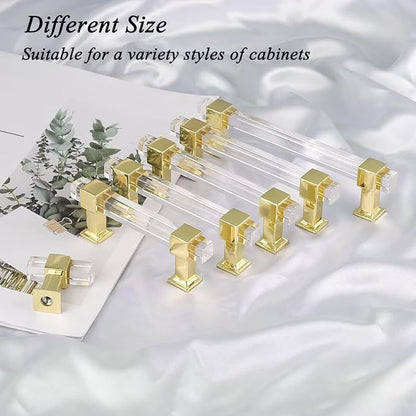 knobelite 3-12 Inch Hole Center Adjustable Cabinet Pulls 5 Pack, Square Drawer Pulls with Gold Zinc Alloy Base and Clear Arcylic Tube, Kitchen and Bedroom Glass Cabinet Handles