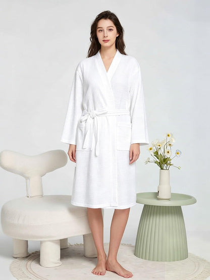 WORW Waffle Robes for Women Knit Cotton Soft Spa Bathrobe | Lightweight Loungewear, Knee Length with Pockets, V Neck, Kimono, Absorbent, Breathable, Removable Belt.