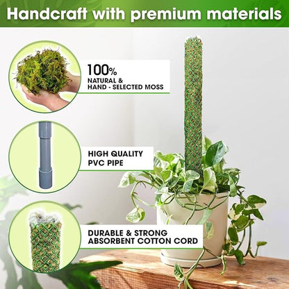 DUSPRO Self-Watering Natural Green Forest Moss Pole, Easy to Use Moss Sticks for Indoor Plants, Climbing Plant Support Stake with Self-Watering Feature, Moss Pole Monstera Plant Support 2pcs 17''