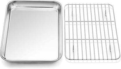 PP CHEF Toaster Oven Pan and Rack Set, Stainless Steel Toaster Oven Tray Broiler Pan with Cooling Rack for Baking, Non Toxic  Heavy Duty, Mirror Finish  Dishwasher Safe - 10.4 Inch
