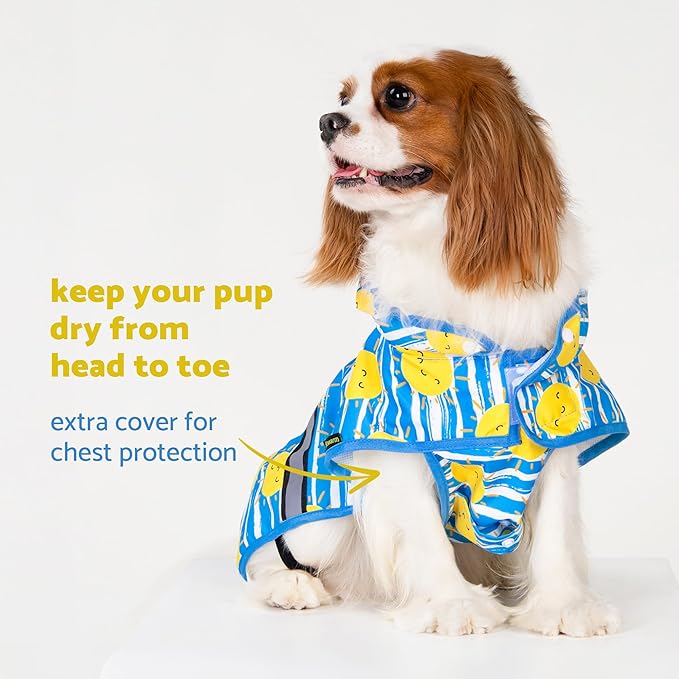 Fitwarm Stirped Sun Dog Raincoat, Waterproof Rain Jacket for Small Dogs Boy Girl, Reflective Puppy Poncho with Harness Hole, Packable, Adjustable, Blue, Yellow, White, S