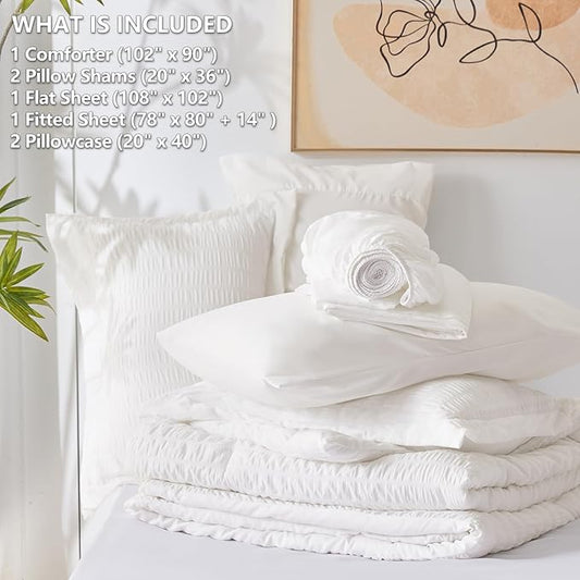 CozyLux King Comforter Set with Sheets White Seersucker Bed in a Bag 7-Pieces All Season Bedding Sets with Comforter, Pillow Sham, Flat Sheet, Fitted Sheet, Pillowcase