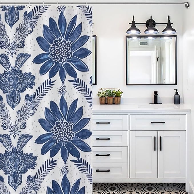 Curtain Shower Indigo Blue Trellis Bathroom Shower Curtain for Bathroom Decor Accessories Chinoiserie Polyester Fabric Curtain Bathroom Decoration 72" x 72" Machine Washable with Hooks