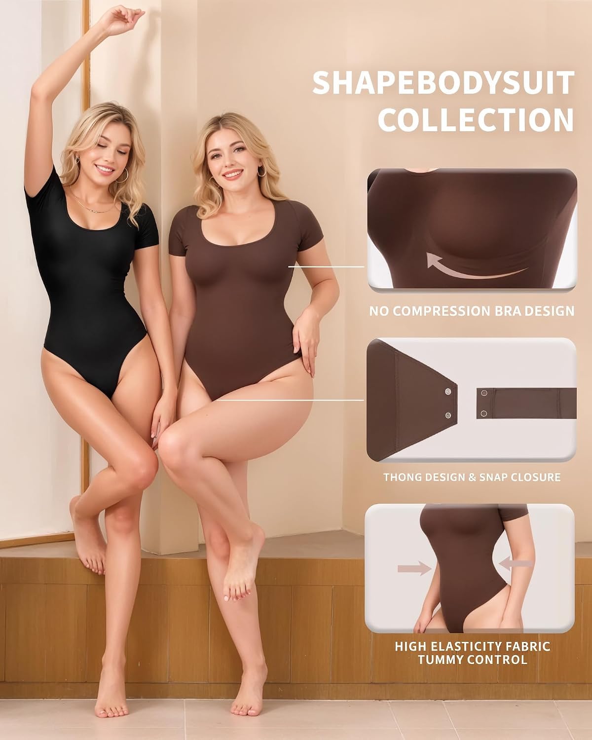 MANGOPOP Shapewear Bodysuits for Women Tummy Control Scoop Neck Short Sleeve Seamless Thong Compression body shaper Tops.