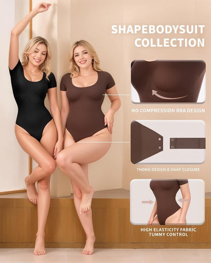 MANGOPOP Shapewear Bodysuits for Women Tummy Control Scoop Neck Short Sleeve Seamless Thong Compression body shaper Tops.
