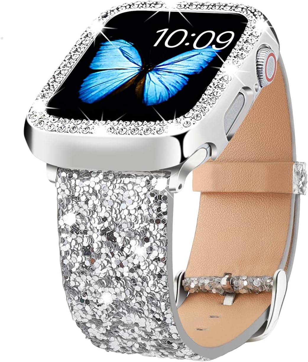 Compatible For Apple Watch Band with Bling Diamond Case 38mm 40mm 41mm 42mm 44mm 45mm 46mm 49mm Ultra 3/2/1, Women Glitter Sparkle Bands For iWatch Band Series 11 10 9 8 7 6 5 4 3 2 1 & SE3 SE2 SE