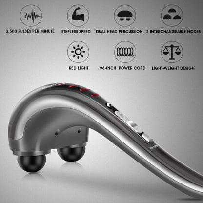 HANGSUN Handheld Back Massager for Pain Relief, Electric Double Head Percussion for Neck, Shoulder, Leg, Foot, Body Muscle Relaxation, Deep Tissue Massager MG460, Corded, 2.3 lbs, Metallic Gray