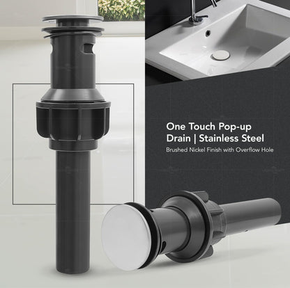 Bathroom Sink Drain with Overflow- Pop Up Drain for Bathroom Sink, Drain Assembly with Overflow Stopper, Sink Push Pop-up Drain Stopper for Lavatory Vanity Vessel Sink, Brushed Nickel